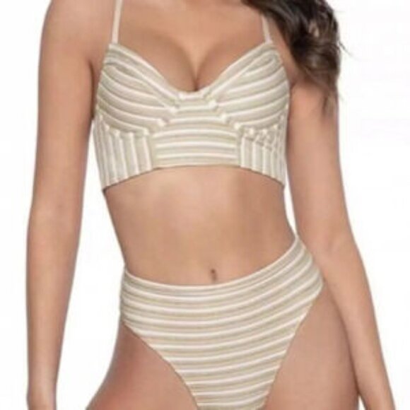 NEW PQ Metallic Striped Bikini Set Size L/Cup D Shimmer High Waist Resort Beach - Picture 1 of 13